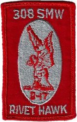 308th Strategic Missile Wing (ICBM-Titan) Project RIVET HAWK
This patch commemorated the launch of Titan II missile B-17 (s/n 61-02771), pulled from Site 374-4 in the 308 SMW at McConnell AFB, KS for testing support of the "Rivet Hawk" guidance upgrade to Titan II missiles.  
