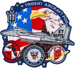 40th Flight Test Squadron Trident Aircraft Pod
The Trident Aircraft Pod is a specialized flight-test instrument pod developed by Draper Laboratory in partnership with the U.S. Navy and Air Force. Mounted externally on military aircraft, such as the F-15E Strike Eagle, it is used to evaluate, test, and gather telemetry data for the guidance and fire control systems of Trident submarine-launched ballistic missiles. Silkscreened patch.

