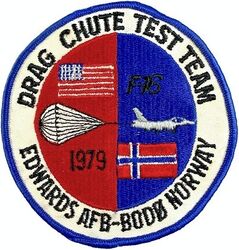 6512th Test Squadron F-16 Drag Chute Test Team 1979
The 6512th assisted with development of drag chute equipped F-16s  going to the Norwegian AF. This was a requirement due to the shorter and frequently icy and wet conditions of Norwegian runways. Several other countries adapted this modification as well.
