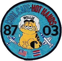 Class 1987-03 Undergraduate Pilot Training
Original patch had Thai flag colors reversed. This was corrected by hand sewing over the old colors.
Keywords: Garfield