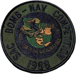 Strategic Air Command Bomb-Nav Competition 1988
Thirty-second Annual Bombing and Navigation Competition/PROUD SHIELD 88 had several firsts with EC-135s eligible to compete; F-111 crews could compete for the Fairchild Trophy; and B-1B crews could
compete. A new trophy was added called the Billy Mitchell Trophy to recognize the bomber unit with the top scores in conventional bombing accuracy, survival in an electronic countermeasures environment, and avoiding intercepting fighters.
Keywords: subdued