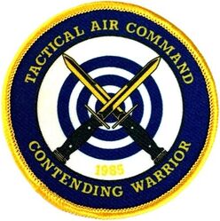 Tactical Air Command Contending Warrior Competition 1985
TAC annual security police competition held at Nellis Air Force Base.
The exercise tests security police skills including combat, marksmanship and tactics. The winner competes in the Air Force-wide competition. Silkscreened patch.
