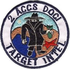 2d Airborne Command and Control Squadron Intelligence
2 ACCS/DOCI functional patch created ca. 1968. During the SAC years, the battlestaff's intelligence team was comprised of two planners, and sometimes one was a target intelligence planner--a more specialized field of intelligence. This group did not care for being labeled "just an intelligence jockey," so they created this patch, probably the first battlestaff patch aboard the Looking Glass, and wore it on the shoulder until about 1987. (This patch is sometimes referred to as the "spook patch.") 
