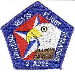 2d Airborne Command and Control Squadron Flight Operations
2 ACCS/DOF Functional patch worn on the left shoulder by the SAC flight crew ("front enders") until SAC inactivation in 1992, and then by all squadron personnel on the right shoulder as the interim squadron patch (the SAC shield unit patch was banned and barred) until the new (non-SAC) version of the squadron patch arrived. Note that the two main elements of this patch (eagle and star) were used on the unit's new, officially approved squadron patch. 

