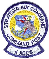 4th Airborne Command and Control Squadron
Though used by the unit for all 22 years of its existence (1 Apr 1970 - 30 Sep 1992), this emblem was never submitted for official approval. This particular patch differs from the others in that the central disc is yellow rather than blue. It predates my tenure in the squadron and no one during my time there knew why it was different. 
