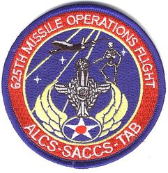 625th Missile Operations Flight 
The 625 MOF was activated on 15 Apr 1996, replacing OL-A HQ 20AF/CCTS. This patch represents all three functions of the flight, as represented by the elements and the office symbols. 
