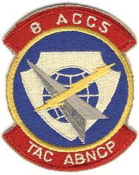 8th Airborne Command and Control Squadron
Official Significance: The emblem is symbolic of the unit and the Air Force colors, ultramarine blue and golden yellow, as well as the national colors, are used in the design. The color blue alludes to the sky, the primary theater of Air Force operations, and yellow to the sun and excellence required of Air Force personnel in assigned tasks. The red background of the scroll alludes to the emblem of the Tactical Air Command. The white shield is used as a background for the internal symbols, and signifies that, as a military unit, we are guardians of the peace. The crossed lightning bolt and aircraft symbol indicate our airborne operations are in the electronic realm. The globe depicts the world-encompassing nature of our flight operations. APPROVED on 30 May 1973. Negative Number KE-52240.

 This unit was active, as such, from 15 Oct 1969 to 30 Apr 1974, and again from 1 Jul 1994 to 15 May 1996, but this patch dates from the 1973-1974 period.
