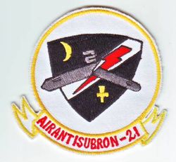 Air Anti-Submarine Squadron 21 (VS-21)
Established as Torpedo Squadron FORTY ONE (VT-41) on 26 Mar 1945. Redesignated Attack Squadron ONE E (VA-1E) on 15 Nov 1946. Attack Squadron ONE E (VA-1E) and Fighter Squadron ONE E (VF-1E) were merged into Composite Squadron TWO ONE (VC-21) on 1 Sep 1948. Redesignated Air Anti-Submarine Squadron TWO ONE (AIRASRON 21 or VS-21) on 23 Apr 1950; Sea Control Squadron TWO ONE (VS-21) on 1 Oct 1993. Disestablished on 28 Feb 2005.

Insignia submitted on 14 Jul 1955.

Grumman AF-2 Guardian, 1950-1955
Grumman S2F-1/2/2E Tracker, 1955-1974
Lockheed S-3A/B Viking, 1974-2005

